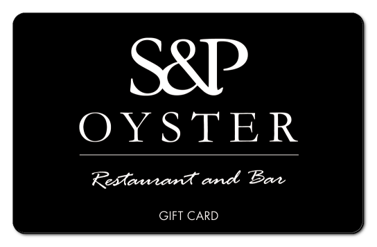 S&P oyster white text logo on a black background